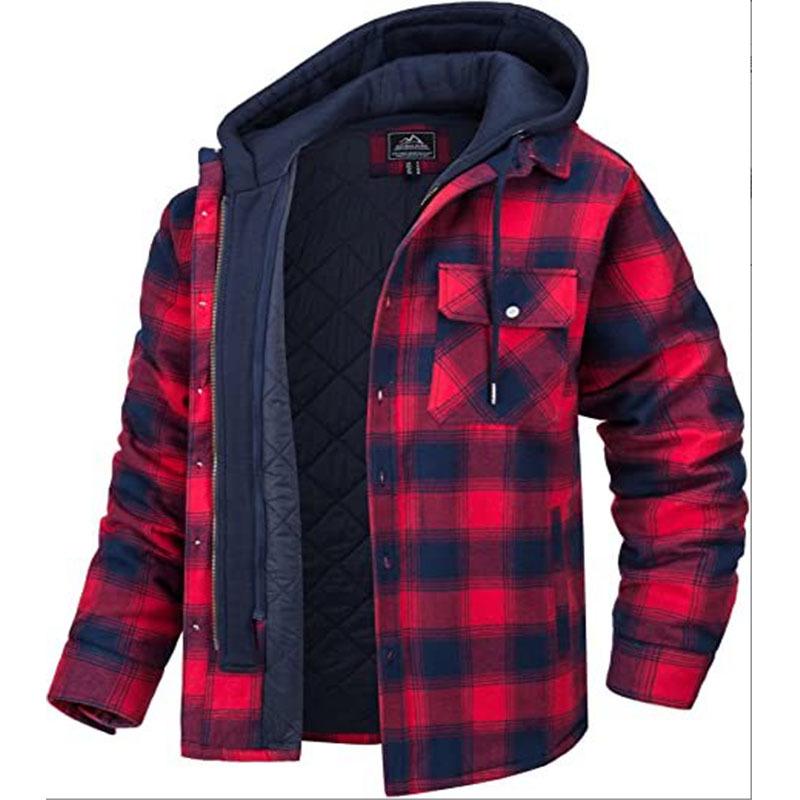 2026 Men's European & American Plaid Hooded Thick Cotton Coat - Celebrity Style Casual Autumn/Winter Jacket
