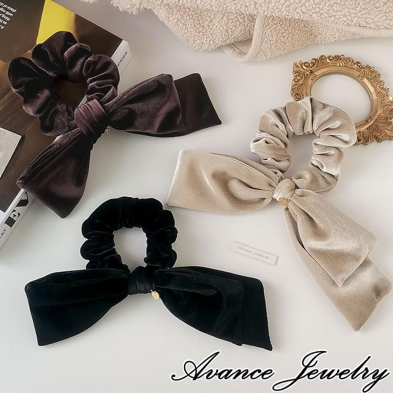 Avance Hair Velvet Hair Cute for Women Accessory, Ribbon, Tie, Scrunchie, Black, Brown, Cream, Adults, (Brown)