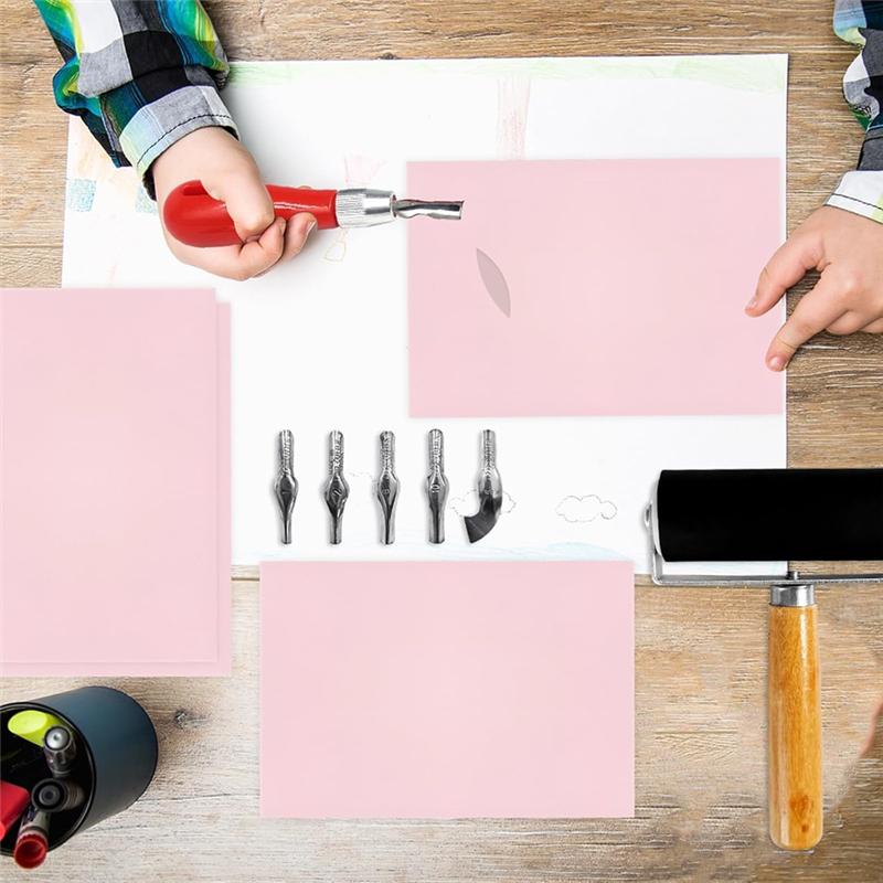 M-Modern-Pink Rubber Block For Stamp Maker , 4 Pack Rubber Carving Blocks , Stamp Carving Blocks With Cutter Tools , DIY Printma