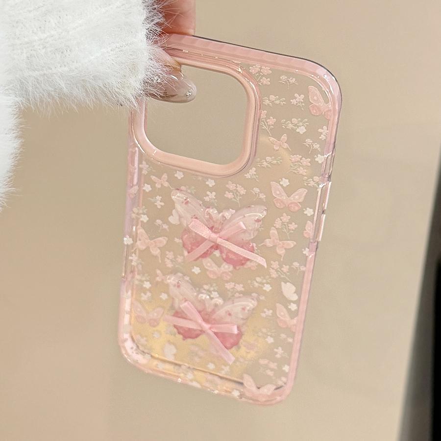 2 i 1 3D Sommerfugl med Sløyfe Gjennomsiktig Deksel til iPhone 17 16 15 14 13 12 Støtsikkert Anti-Gulnende TPU-deksel, Søtt Estetisk Beskyttende Telefondeksel