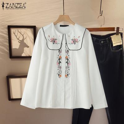 Blusa Feminina Casual Gola Boneca Solta Manga Longa Bordado Floral