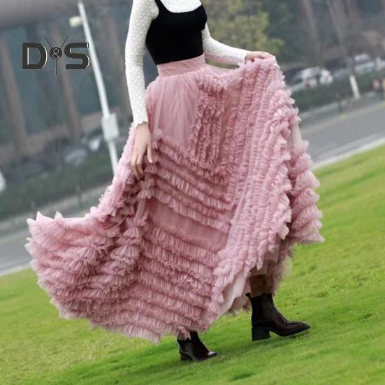 Dámská dortová sukně Jednobarevná sukně středního pasu Dlouhá sukně s elastickým pasem Síťovaný lem A-linii Maxi sukně pro každodenní nošení