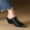 Fashion 2025 New Ladies Genuine Leather Metal Head Mules Fashion Med Chunky Heels Summer Wedges Slippers Women Casual Office Shoes Woman