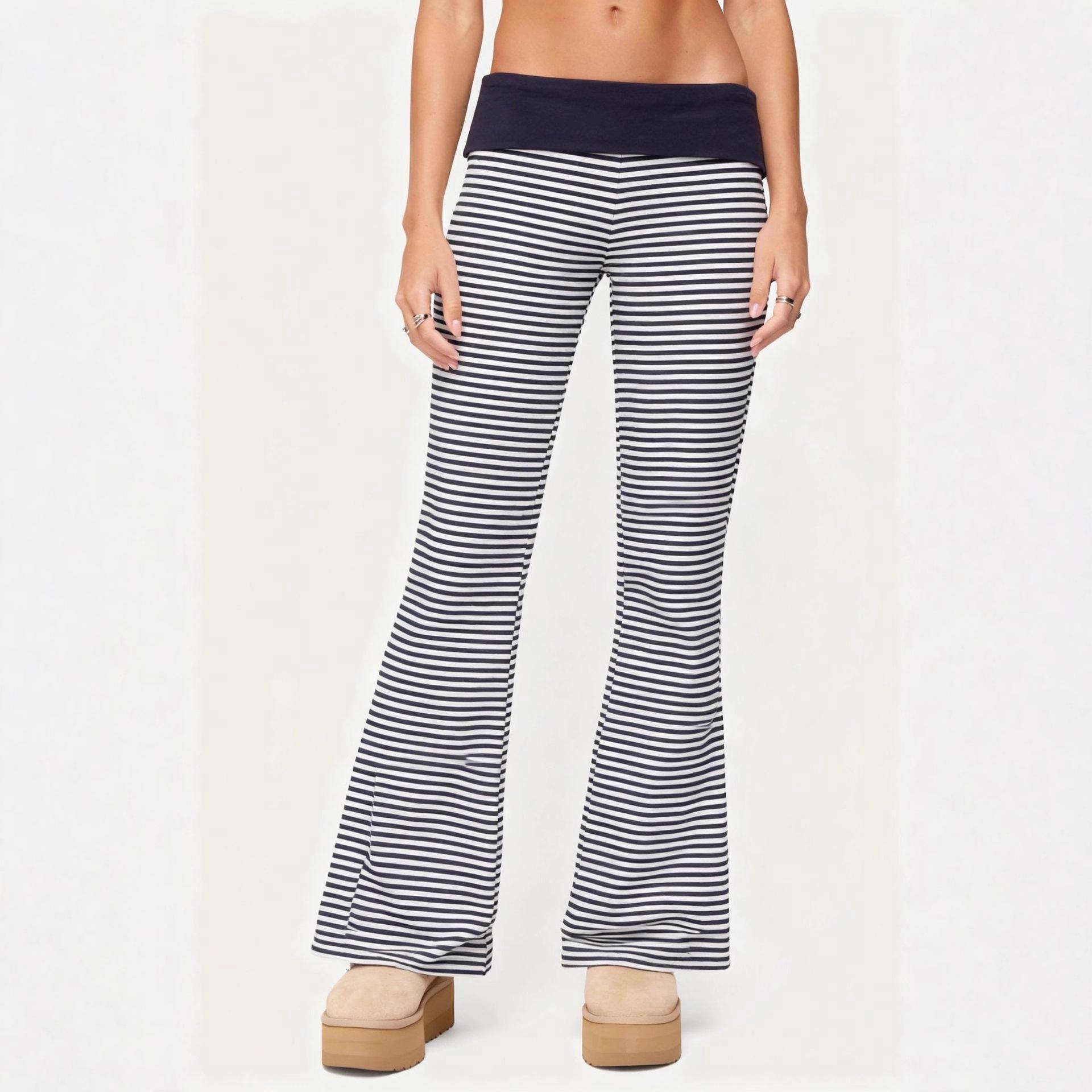 

High Waisted Fold Over Waist Striped Color Block Flared Pants Autumn Sexy Spicy Girl Stretchy Versatile Casual Full Length Bell Bottom Trousers S