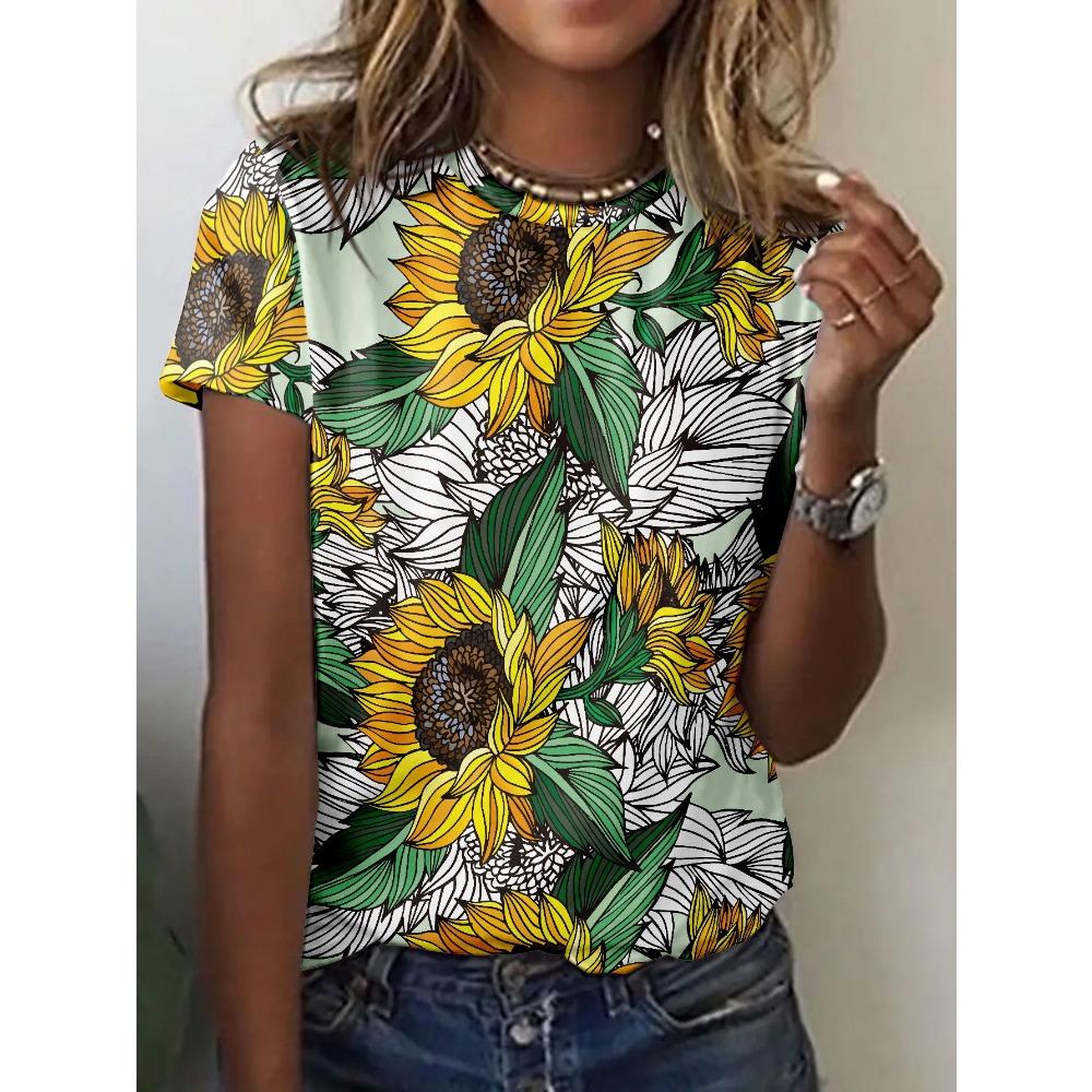 Ink Painting Floral T-Shirts Flower 3D Print Women Summer Short Sleeve Round Neck T Shirt Tees Harajuku Y2K Tops Female Clothing
