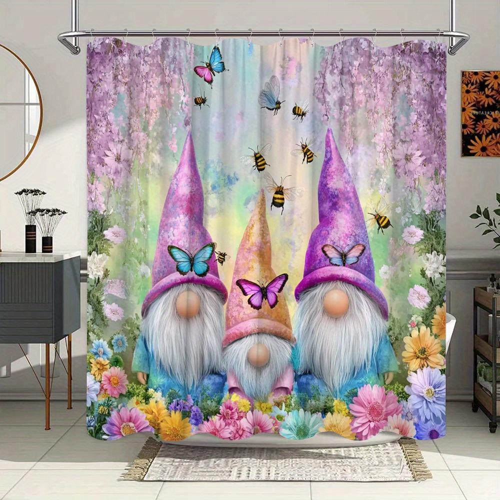 

Adorable Gnomes Shower Curtain - Waterproof, Mildew-Resistant With Butterfly And Flower Design For Whimsical And Colorful Decor W60H190(CM)-1 Pcs