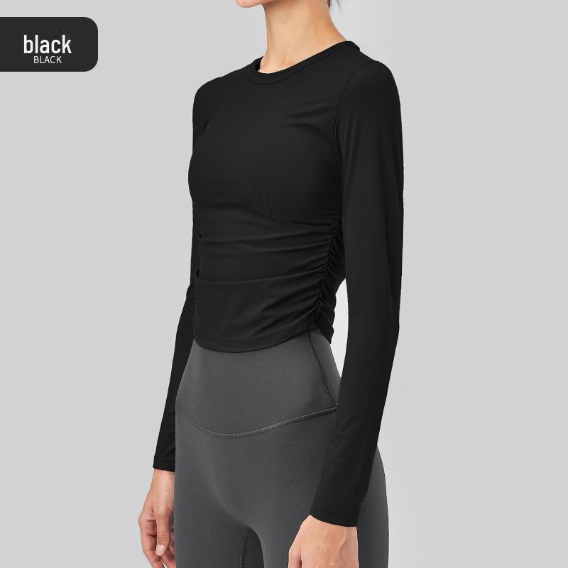 Dámsky top na jogu s dlhým rukávom slim fit – Rýchloschnúci, priedušný, plisované fitness tričko na jeseň