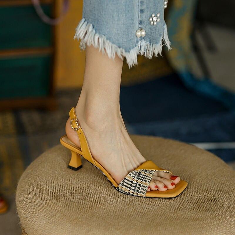Apanzu  Summer Shoes Women Square Toe Thin Heel French Open Toes Sandals Women Houndstooth High Heel Sandals For Women