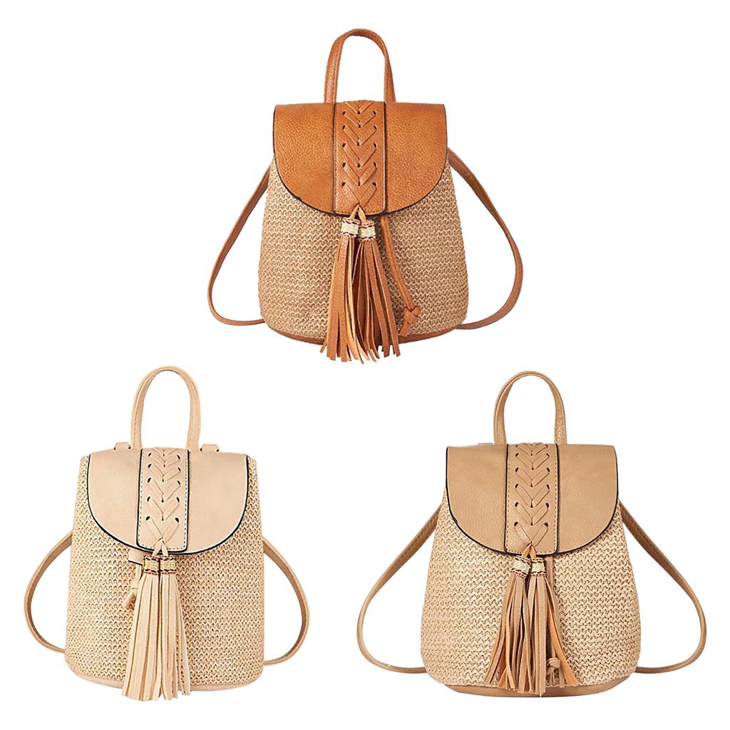 Zaino Intrecciato a Mano con Patta e Coulisse a Spalle Borsa Casual per la Spiaggia