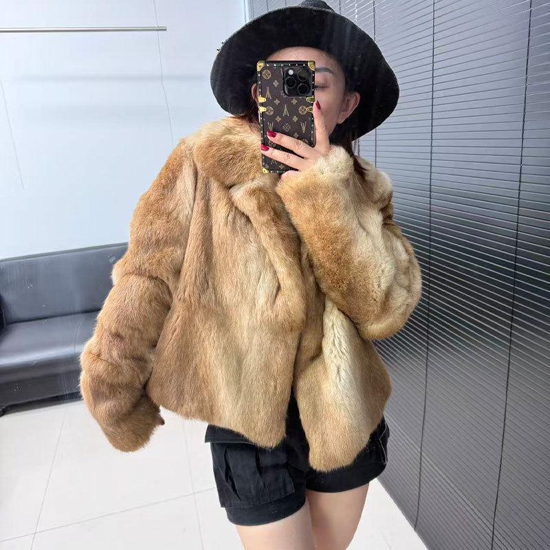 Women's Fashionable Two-Tone Real Rabbit Fur Collar Coat - 2025 Casual Short Style