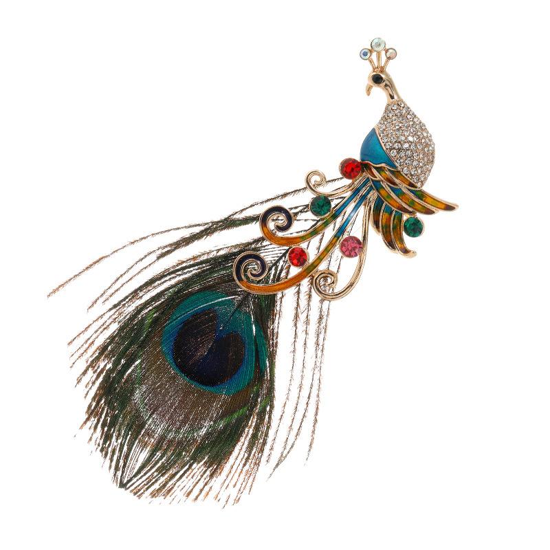 Trendy Temperament Elegant Peacock Feather Brooch Women's High-end Crystal Pin Brooch Shawl Buckle Suit Coat Accessories