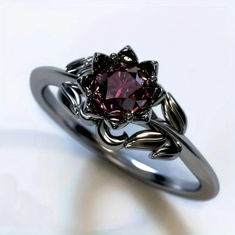 Anelli Rotondi con Fiori di Colore Nero Charm per Donna Anelli con Pietra Rossa Gioielli Regalo per Festa
