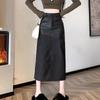 Women's Plus Size PU Leather Midi Skirt - High Waist, Back Slit, Casual A-line Pencil - Autumn/Winter 2025 Collection