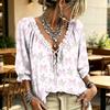 Women's V-Neck Ruffle Blouse with Tie and Print Design