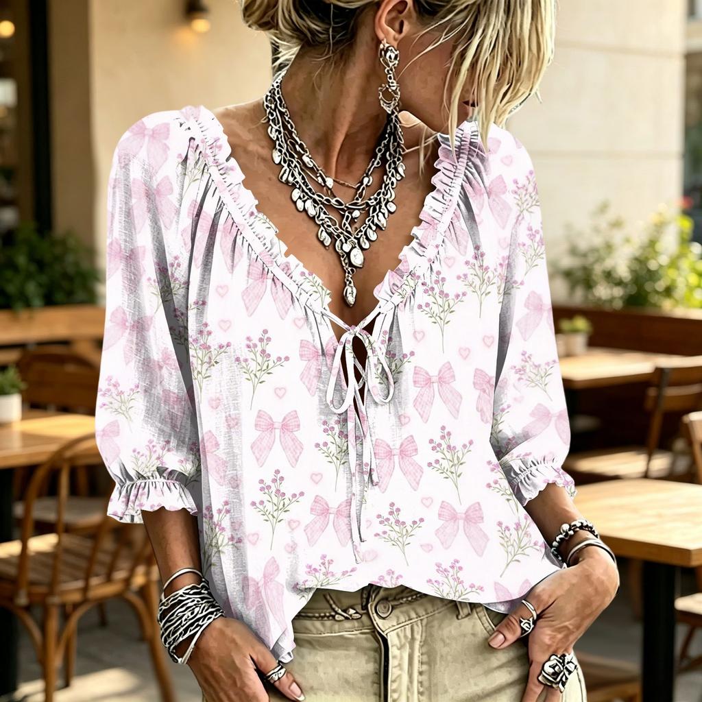 Women's V-Neck Ruffle Blouse with Tie and Print Design