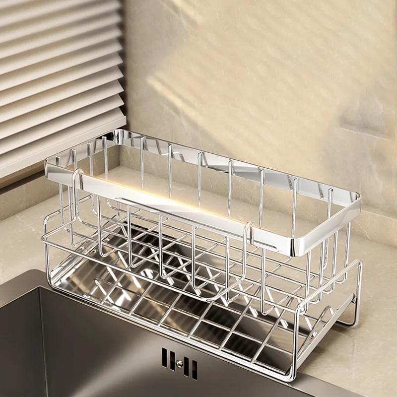 Bathroom Sink Storage Rack Metal Drain Rack with Cutlery Container Dishwashing Sponge Holder Kitchen Countertop Storage Shelf