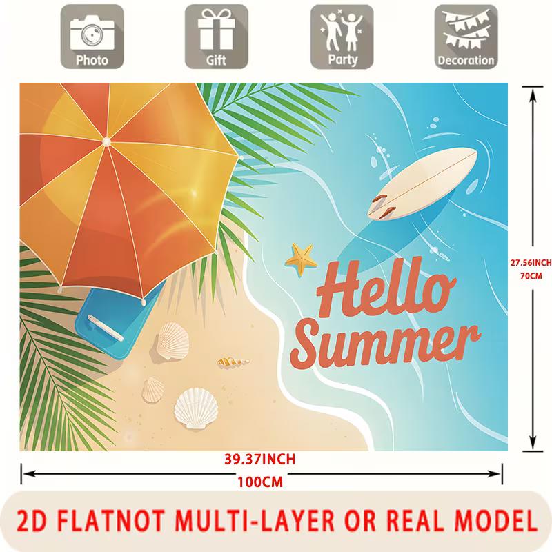 2D Hello Summer Beach Scene Backdrop Surfboard Party Photo Booth Background