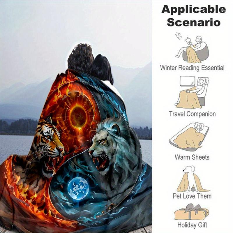 1 Stück Tiger Yin Yang aus Feuer und Eis Decke Weiche Überwurfdecke für Heimdekoration, Geschenkidee, Saisonale Nutzung, Wohnzimmer, Reisen, Camping, Autodecken