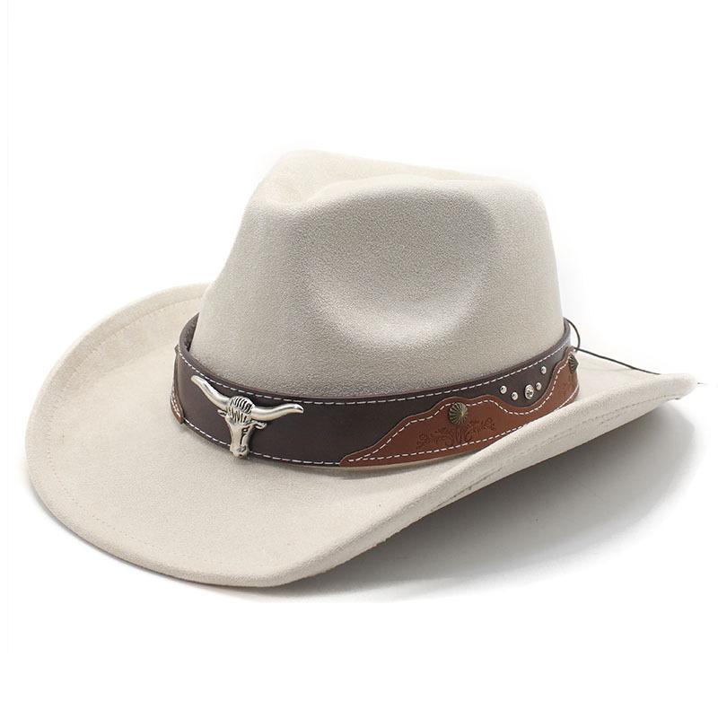Retro Bull Head Western Cowboy Hat Men And Women, Tibetan Suede Jazz Hat, Big-Brimmed Top Hat