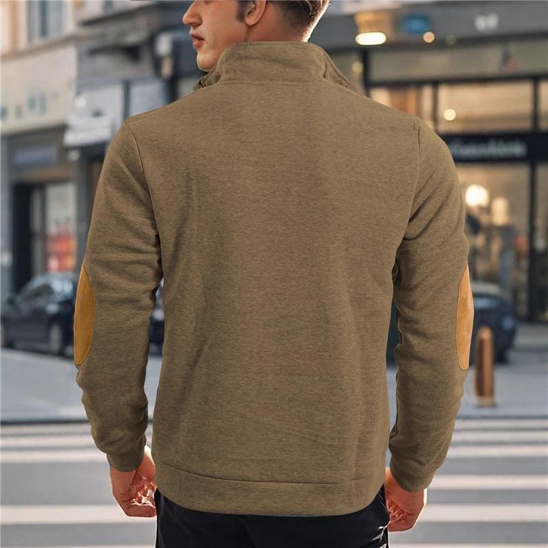 Bluză sport bărbătească cu fermoar scurt, guler de culoare contrastantă, patch-uri la coate, pulover, casual, largă, ușoară, din fleece, pentru purtare zilnică