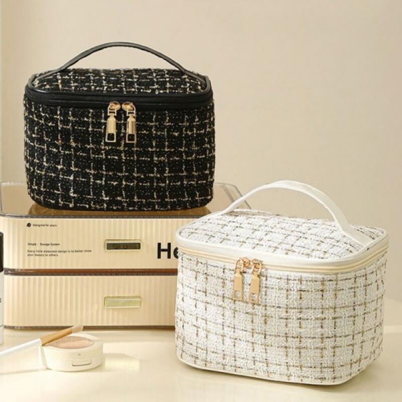 Tweed Large Capacity Cosmetic Pouch for Makeup Travel Tweed Cosmetic Pouch (Black)