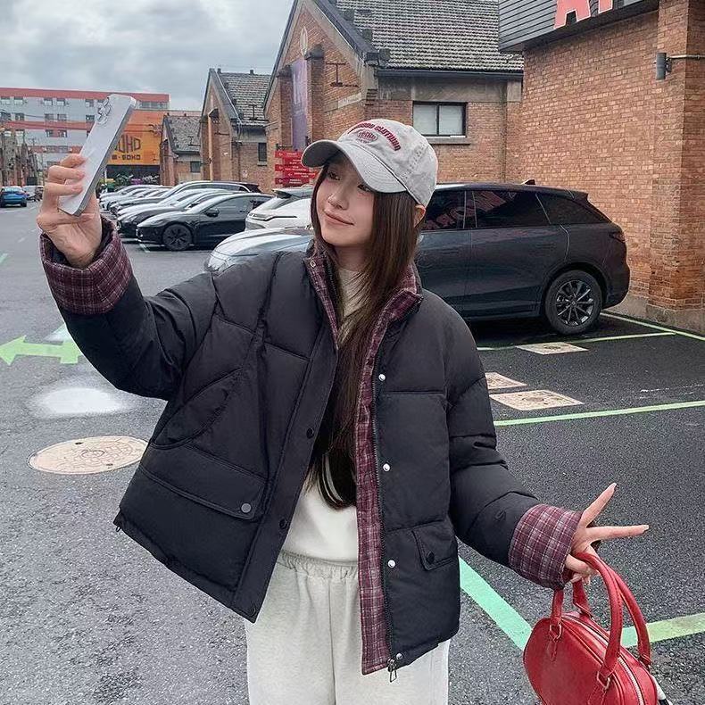 Women's Short Plaid Patchwork Winter Jacket