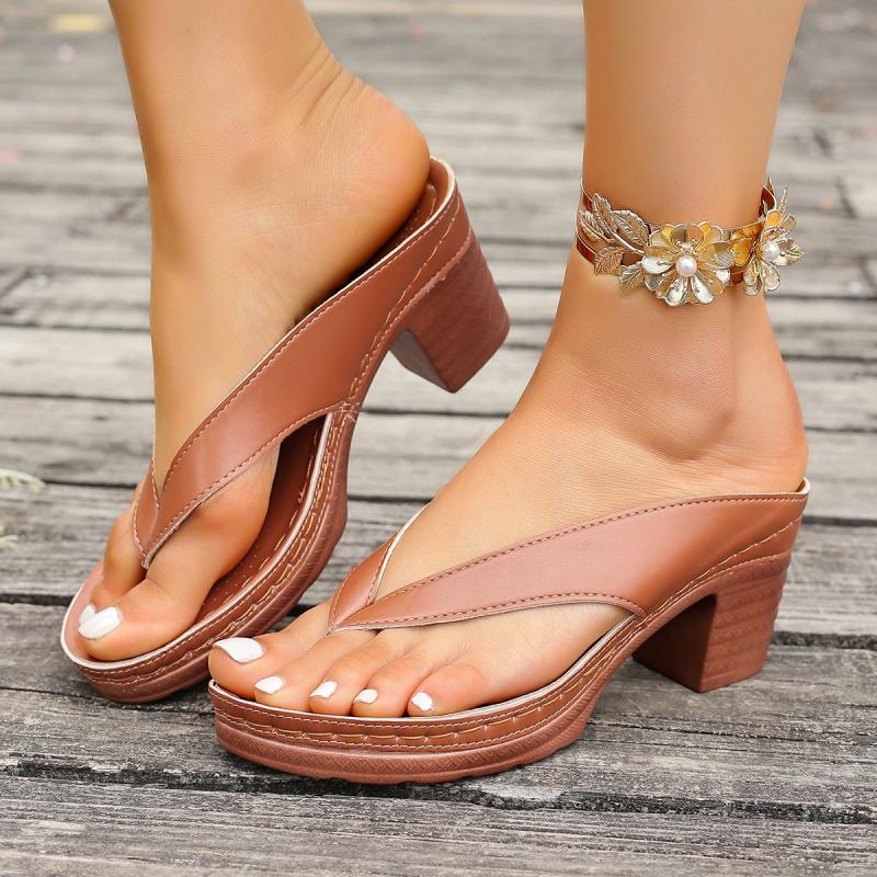 

Casual Silver Pu Strap Flip Flops Women Vintage Round Toe High Heels Slip on Sandals Women Summer Elegant Shoes for Ladies 42EU/CN43