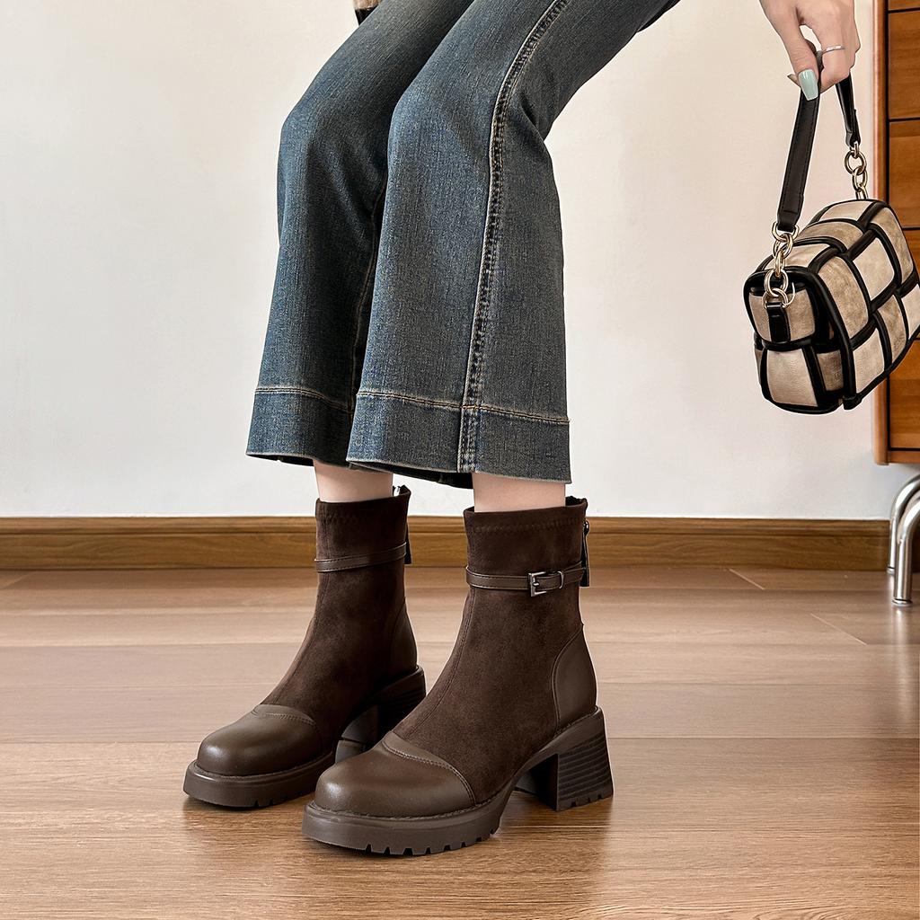 Customized short boots High heel platform short boots Women's thick heel women's boots Maillard coffee splicing medium tube thin boots