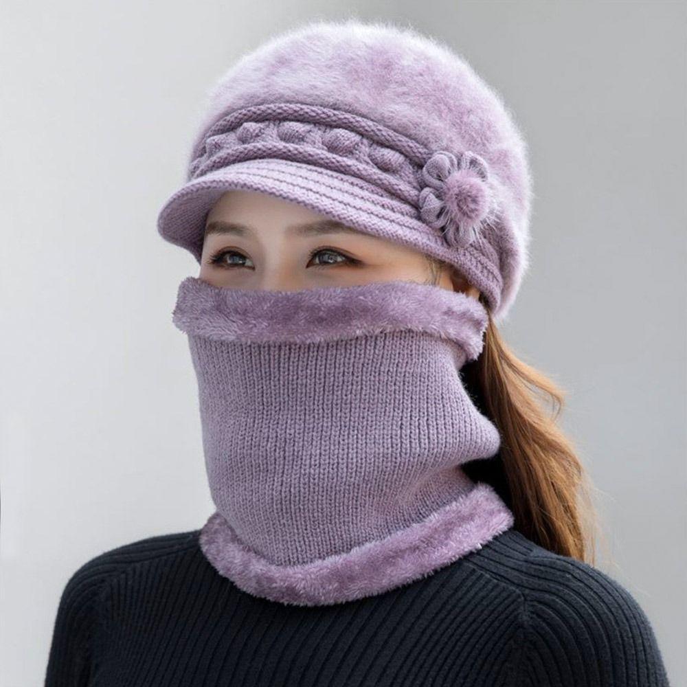 3Pcs/Set Neck Protection Scarf Gloves Set Soft Beanies Hat Winter Knitted Hat  Women