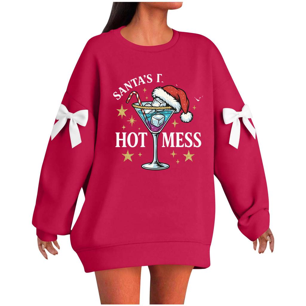 Ladies' Christmas Printed Bow Round Neck Long Sleeved Loose Pullover Sweater Sweatshirt Top