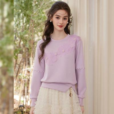 Bailuyu Women's Floral Mesh Beaded Sweet Sweatshirt