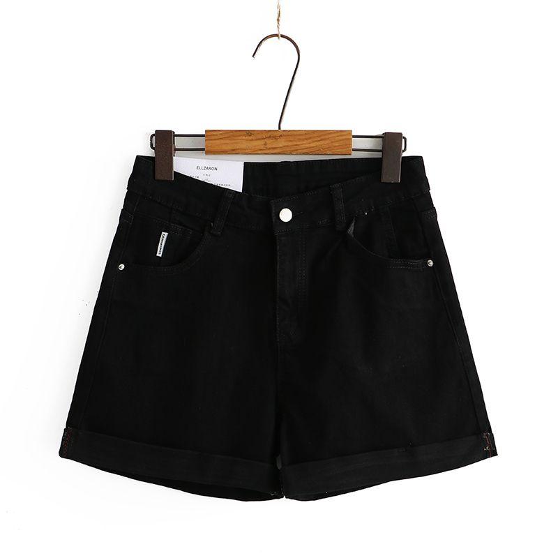 

2023 Summer Ladies New Retro Hong Kong Style High Waist A- line Wide Leg Shorts Chubby Girl Plus Size Denim Curling Hot Pants Black 3XL