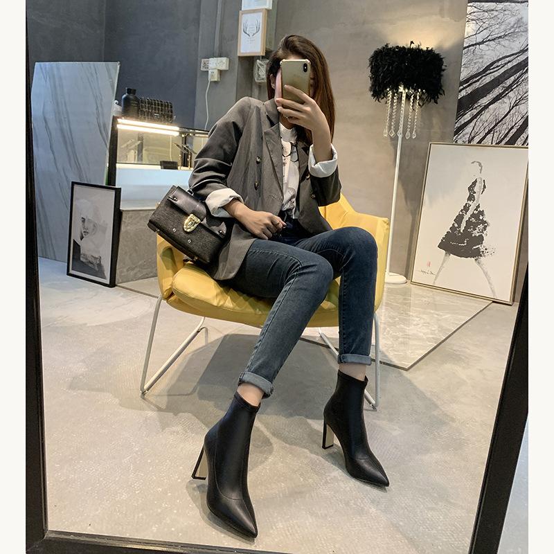 Autumn And Winter Tide Short Boots Thick High Heel Single Boots Pointed Black Elastic Martin Boots Skinny Legs Socks Boots Women