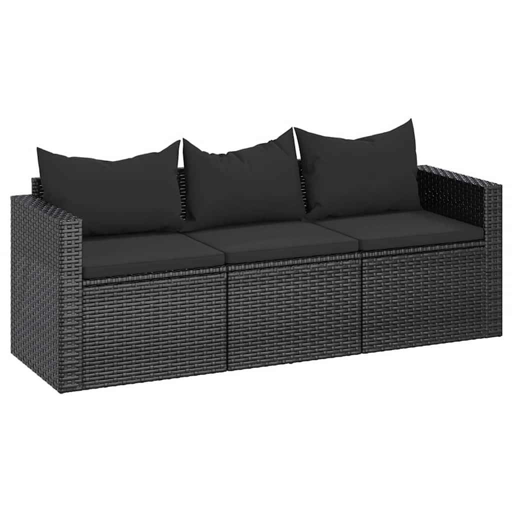 Vidaxl 3-Seater Garden Sofa With Cushions, Black, Poly Rattan