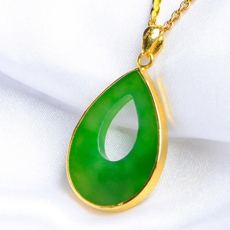 Gold-Plated Teardrop Jade Pendant & Peony Rose Necklace - Symbol of Wealth & Prosperity, Perfect Gift for Mom.