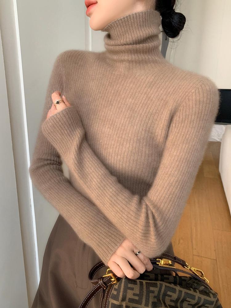 Women's Seamless Cashmere High-Neck Ribbed Sweater, Slim Fit, Body-Shaping, Slouchy Neck, Knit.