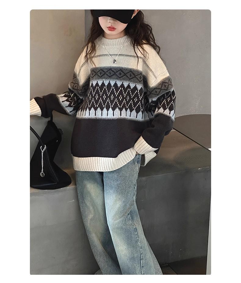 Girls' Diamond Knit Sweater - Korean Style Pullover for Older Children, Autumn/Winter 2025
