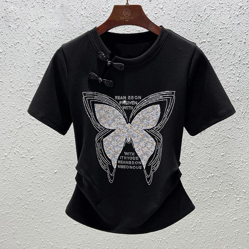 

Футболка с ретро-дисковыми пуговицами, женская, тяжелая промышленность, принт в виде ромбовидной бабочки, облегающий повседневный топ с короткими рукавами, летний топ XXXL чёрный