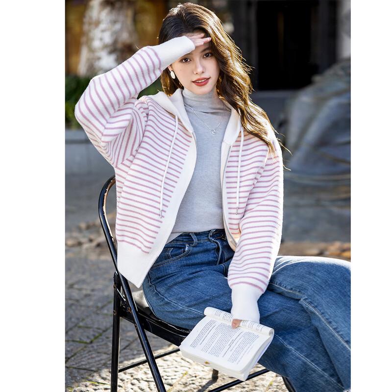 

MOKANA Women s Casual Faux Two-Piece Striped Long-Sleeve Jacket One Size