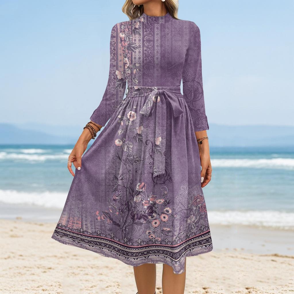 Women's Fashion Casual Belt Seven Sleeve Round Neck Floral Temperament Dresses