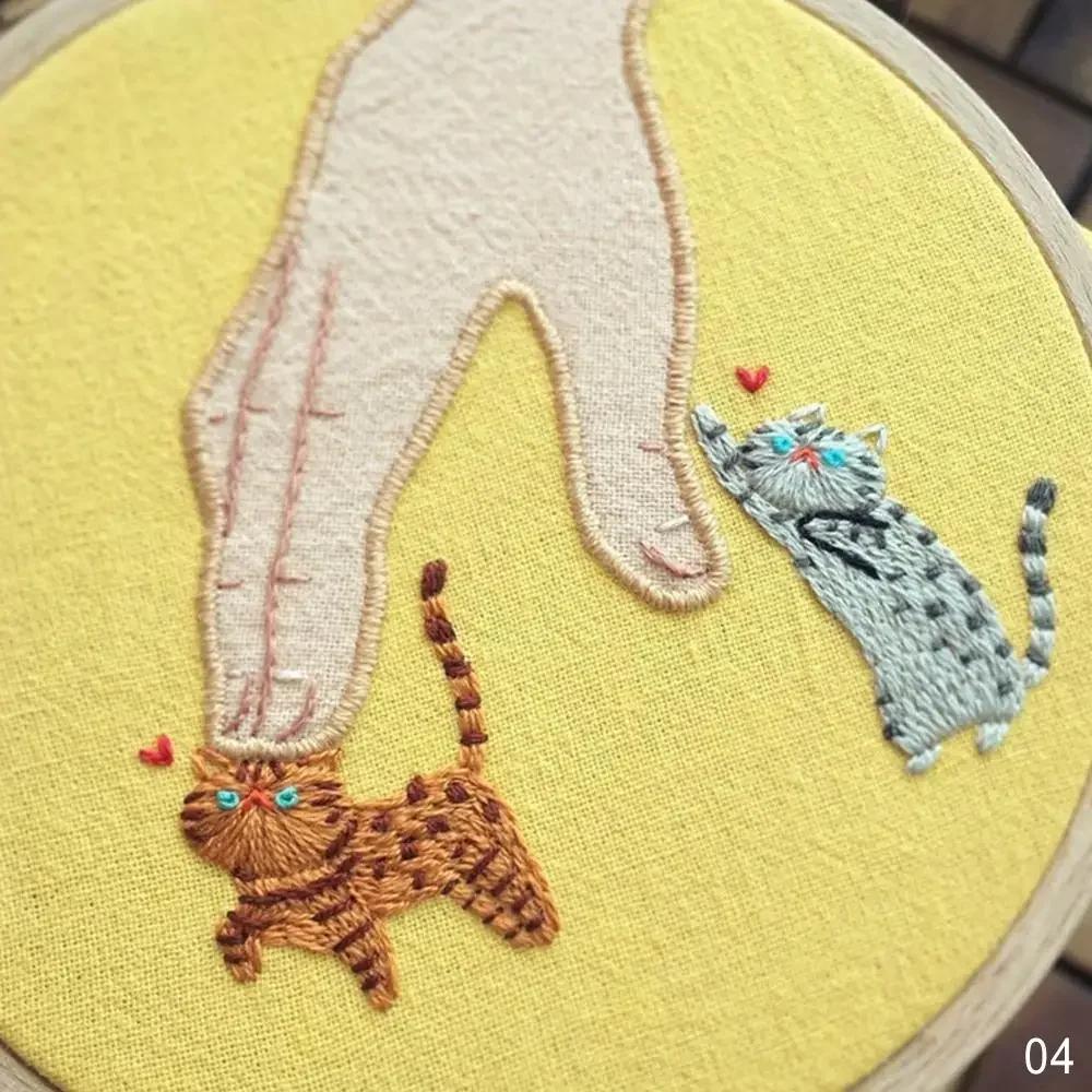 DIY Flower Cat Embroidery Handcraft Needlework Cross Stitch Kit Cotton Embroidery Painting Embroidery Hoop Home Decor