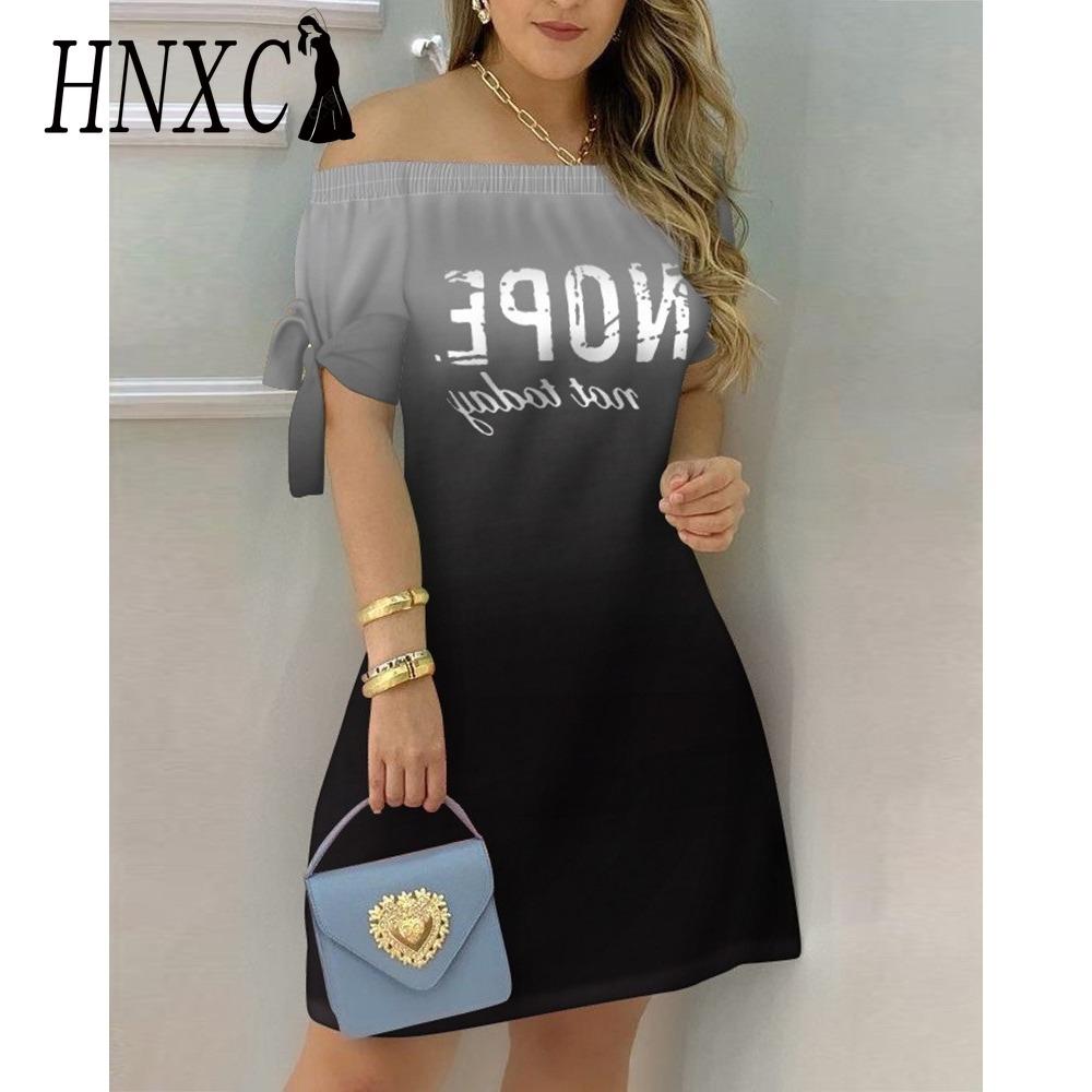 HNXC Women Fashion Off Shoulder Dress Short Sleeve Bow Tie Print Dresses Summer Beach Dresses Plus Size