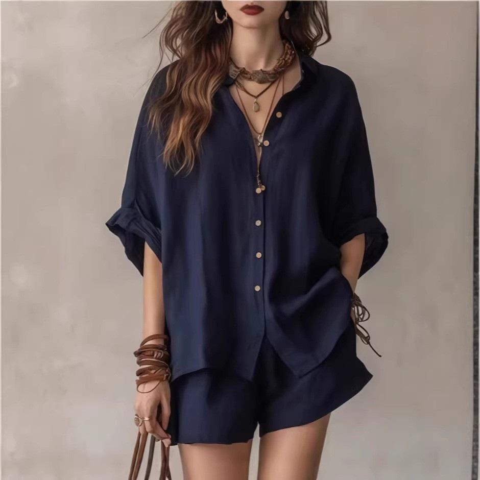 1116 New Summer Solid Color Women's Loose Breasted Shirt Shorts Fashion Casual Suit Large Size Shirt Suit
