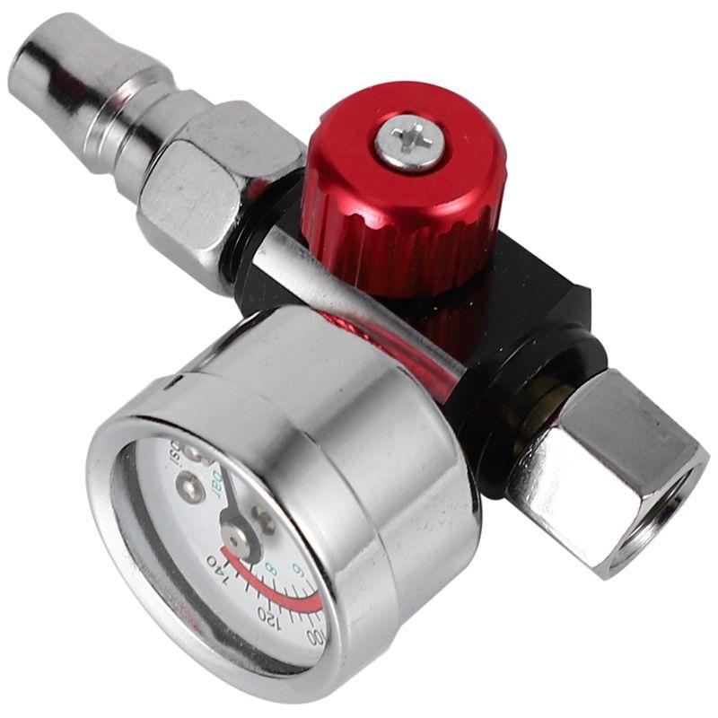 ABWR-3Pc 1/4 Inch Bsp Mini Air Regulator Valve Tool Durable Small Tail Pressure Gauge 48 X 60Mm With Nozzle For Spray Tool