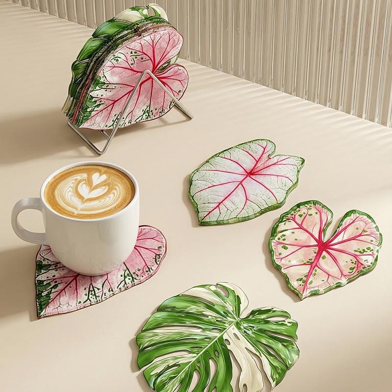 Acrylic Monstera Leaf Coaster Tropical Green Plant Cup Mats Anti-Slip Cup Holders Countertop Protector Kitchen Drink Coasters