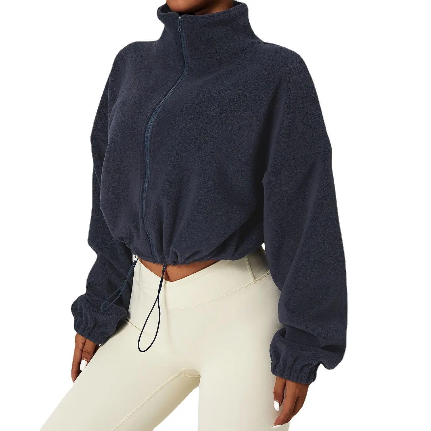 Damen Lockere Cropped Jacke Lockeres Reißverschluss Sweatshirt Y2k Langarm Mantel Strickjacke Sportbekleidung Streetwear Kordelzug Oberteile Kleidung L black