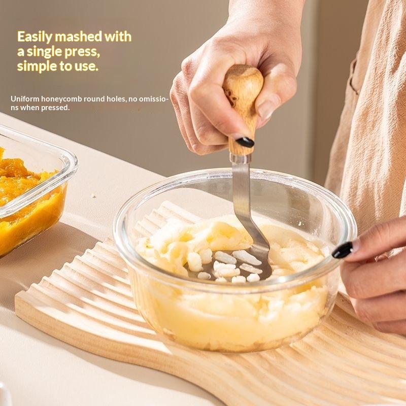 Stainless Steel Potato Masher With Wooden Handle, Food Grade Potato Masher Tool For Home Baking, 12.5x5.5cm, 430 Stainless Steel
