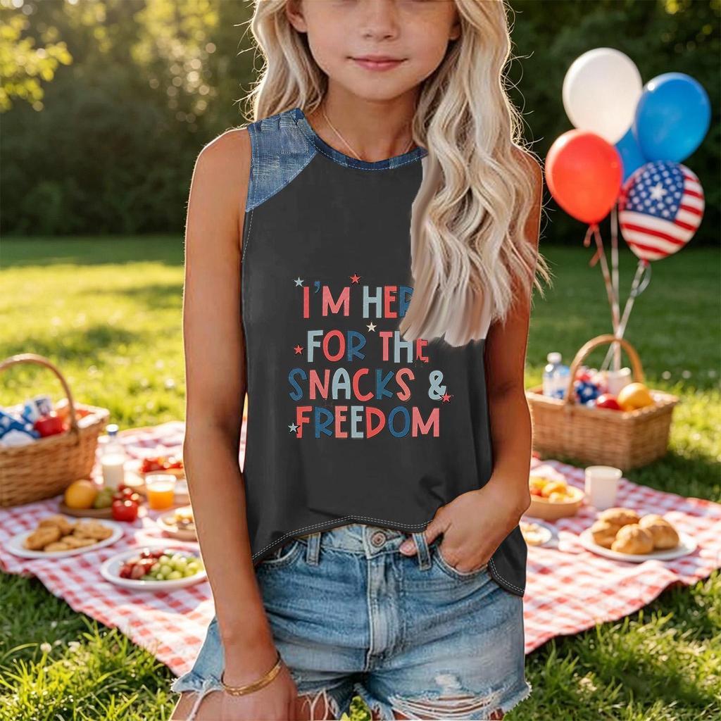 Girls Sleeveless Tank Top Loose Fit Round Neck T Shirt Independence Day Denim Print Casual Summer Tee for Kids
