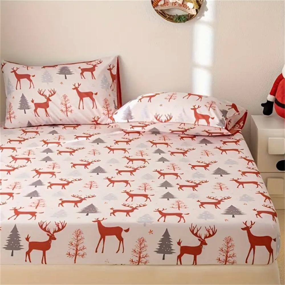 Christmas Theme Santa Hat Design 3-Piece Bedding Set-100% Polyester Microfiber Machine Washable Mattress Cover Durable Sheet