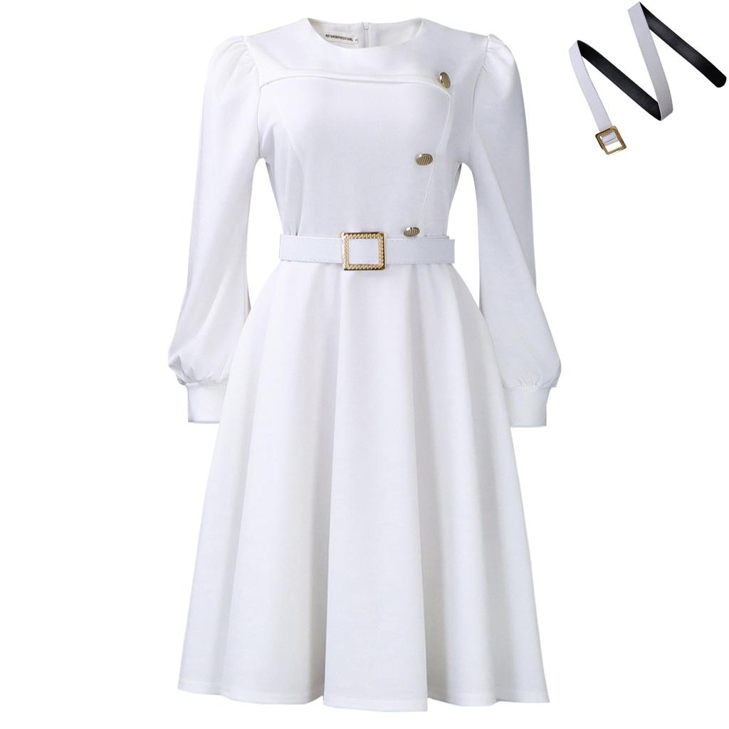New Round-neck Long-sleeved High-waisted A-line Skirt - Elegant Party Pure-color Dress